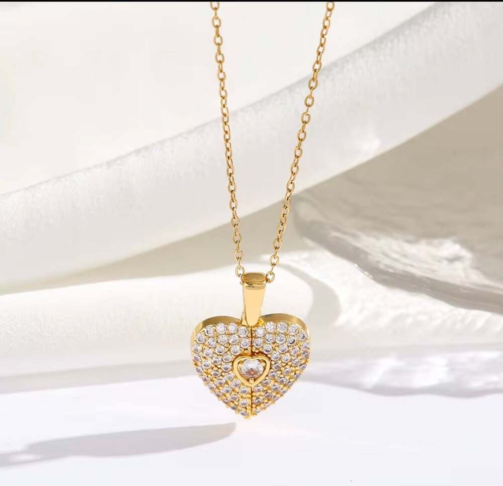 Crystal Personalized Angel Wing Heart Locket Necklace in 18K Gold Plated Stainle
